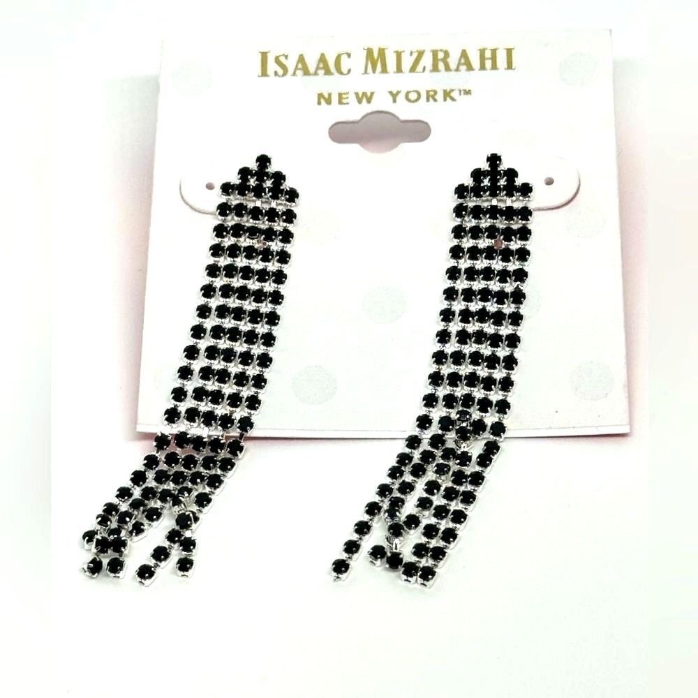NWT ISAAC MIZRAHI Silver Tone Black Crystal Dangle Fringe Post Earrings 2.5"